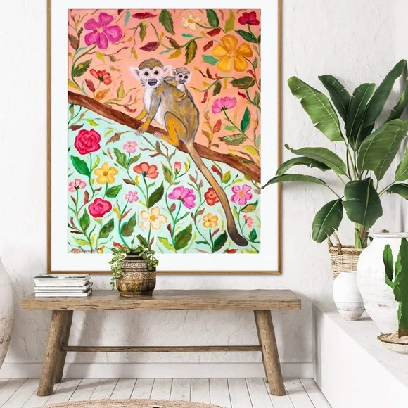 Squirrel Monkeys Art Print Oil Painting tropical floral botanical animal decor - Picture 3 of 9